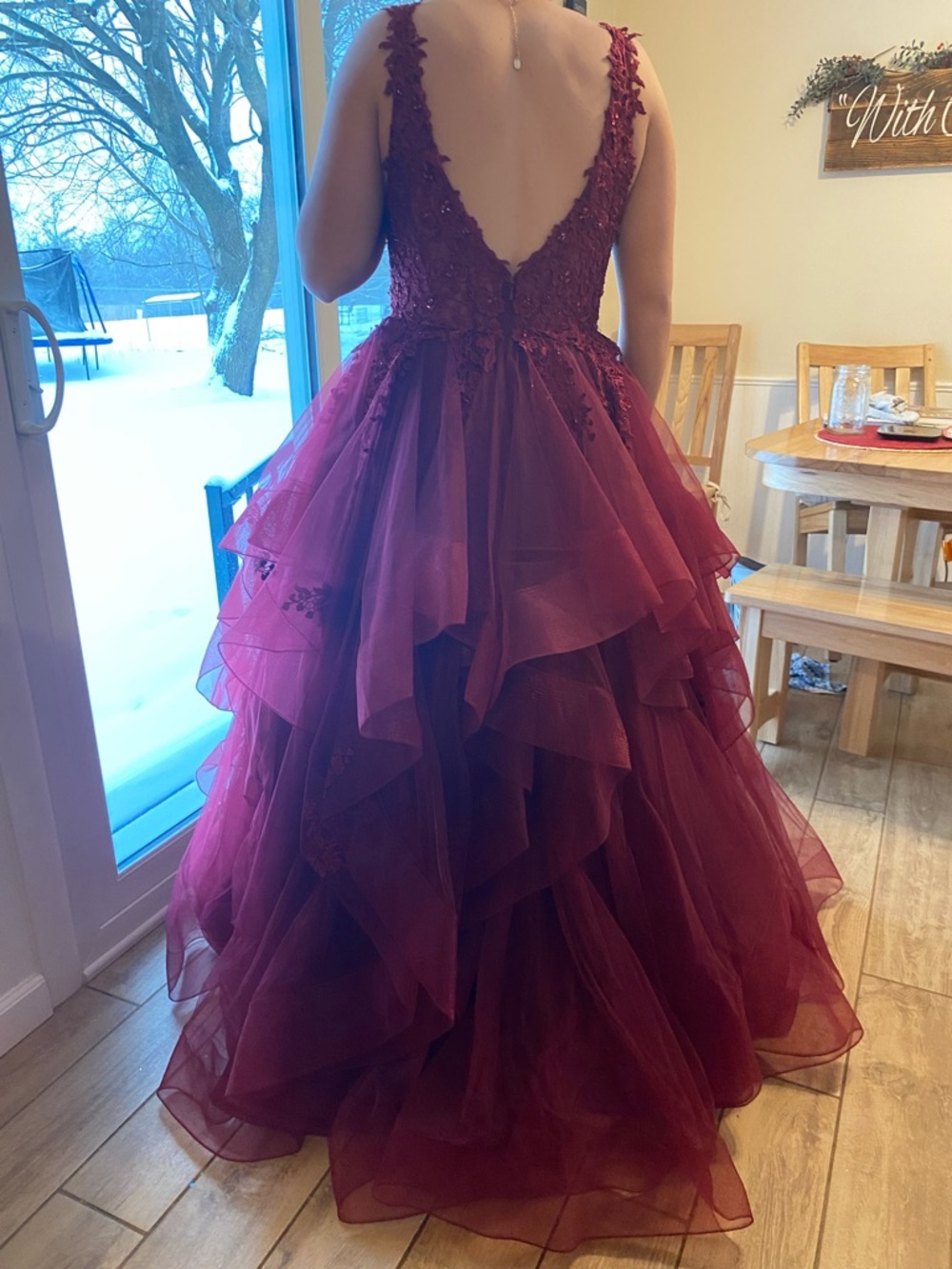 ellie wilde Burgundy Layered Tulle Evening Gown - Picture 2 of 5